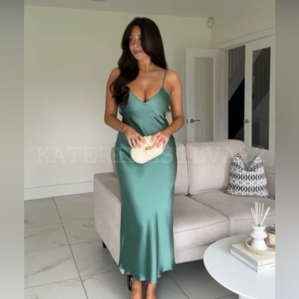 Zara Emerald Green Maxi Dress Satin Slip Wedding Evening Party - Picture 3 of 13